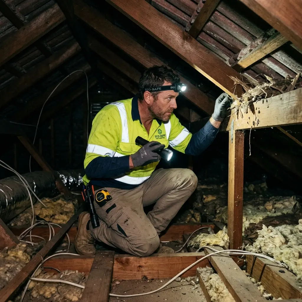 Technician inspecting a roof cavity for a dead animal in Anakie