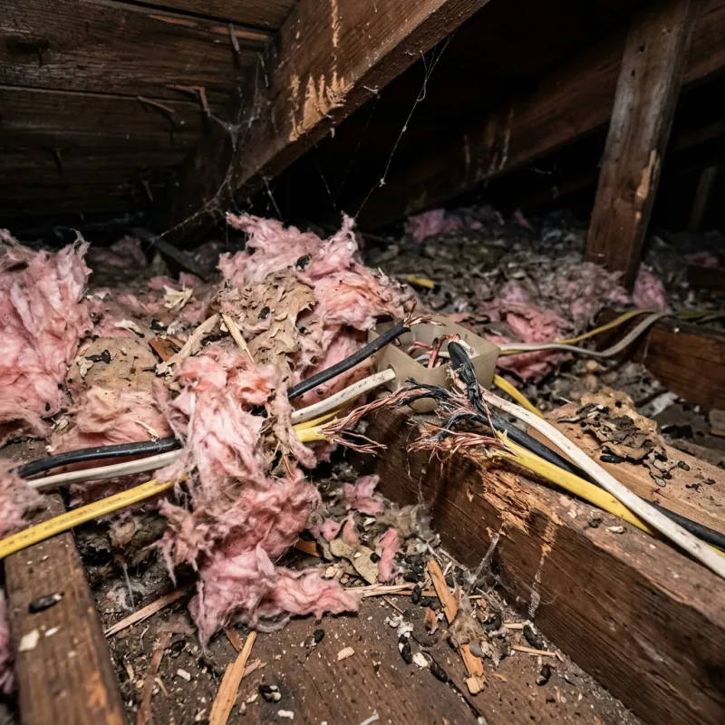 Contaminated ceiling insulation being assessed in a Anakie roof space