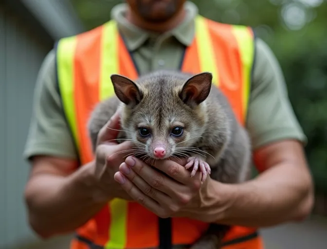Animal handler safely recovering a deceased possum in Anakie