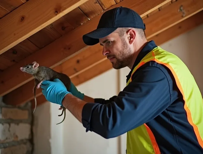 Technician inspecting a roof cavity for a dead rat in Anakie